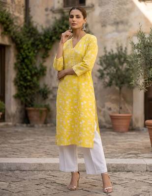 Yellow  pure cotton printed kurti for women 3