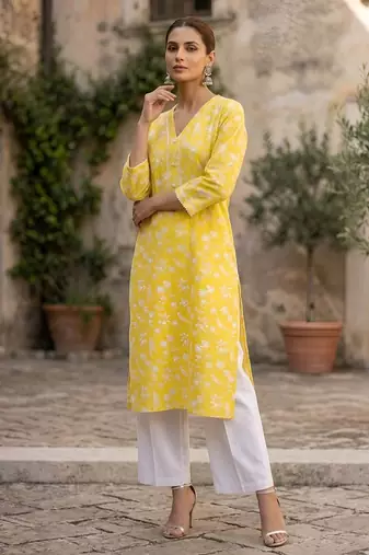 Yellow  pure cotton printed kurti for women