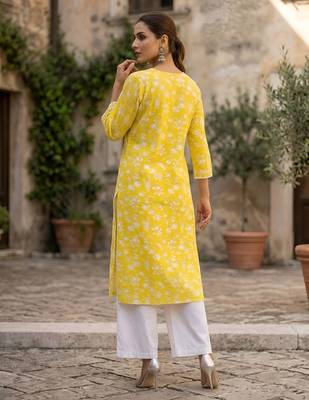 Yellow  pure cotton printed kurti for women 4