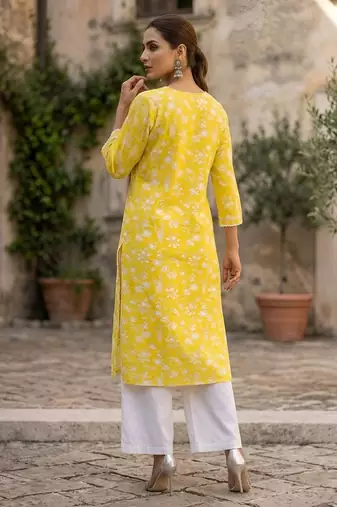 Yellow  pure cotton printed kurti for women