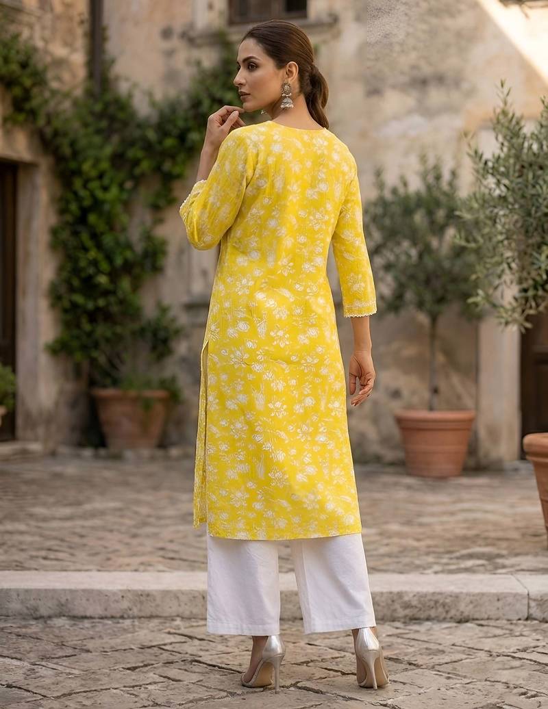 Yellow  pure cotton printed kurti for women
