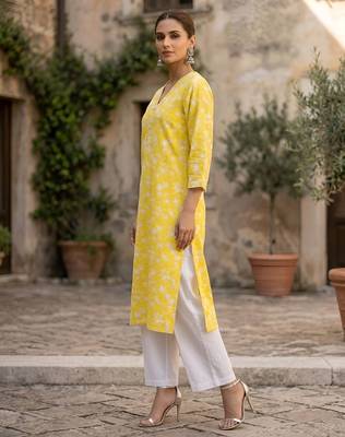 Yellow  pure cotton printed kurti for women 5