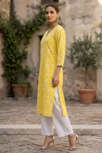 Yellow  pure cotton printed kurti for women