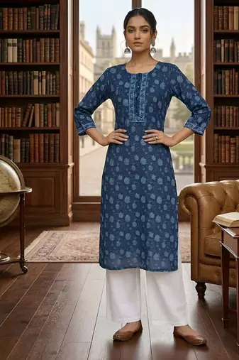 Blue  pure cotton printed kurti for women