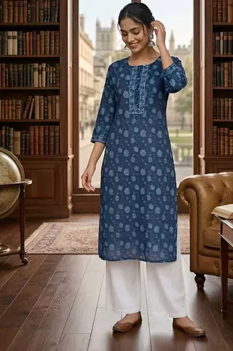 Blue  pure cotton printed kurti for women