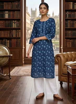 Blue  pure cotton printed kurti for women 5
