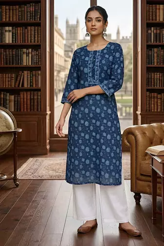 Blue  pure cotton printed kurti for women