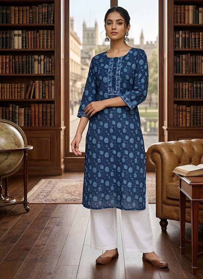 Blue  pure cotton printed kurti for women