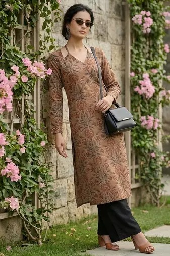Brown  pure cotton printed kurti for women
