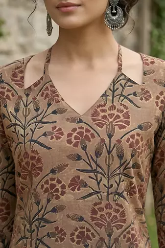 Brown  pure cotton printed kurti for women