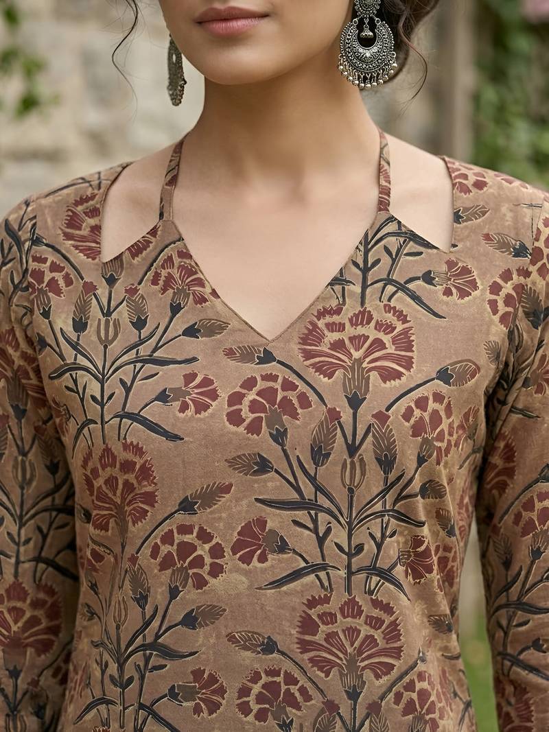Brown  pure cotton printed kurti for women