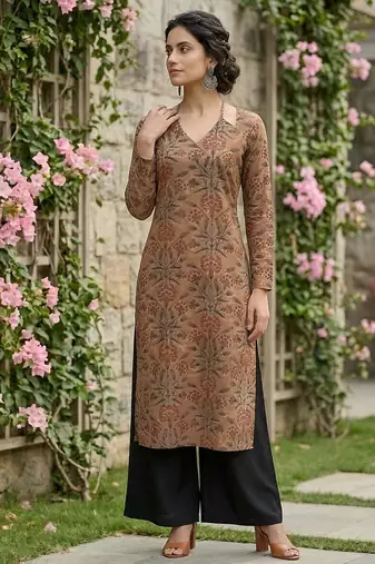 Brown  pure cotton printed kurti for women