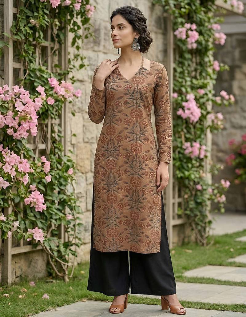 Brown  pure cotton printed kurti for women