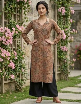 Brown  pure cotton printed kurti for women 5