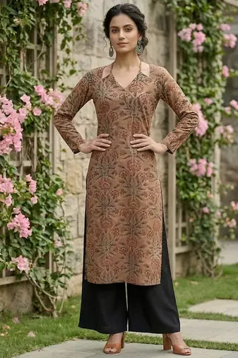 Brown  pure cotton printed kurti for women