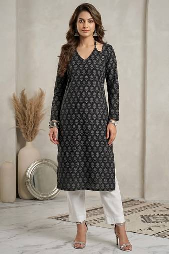 Black  pure cotton printed kurti for women
