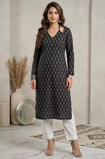 Black  pure cotton printed kurti for women