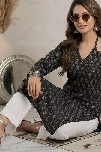 Black  pure cotton printed kurti for women