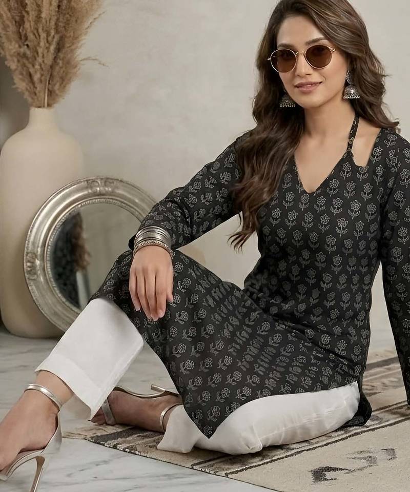 Black  pure cotton printed kurti for women