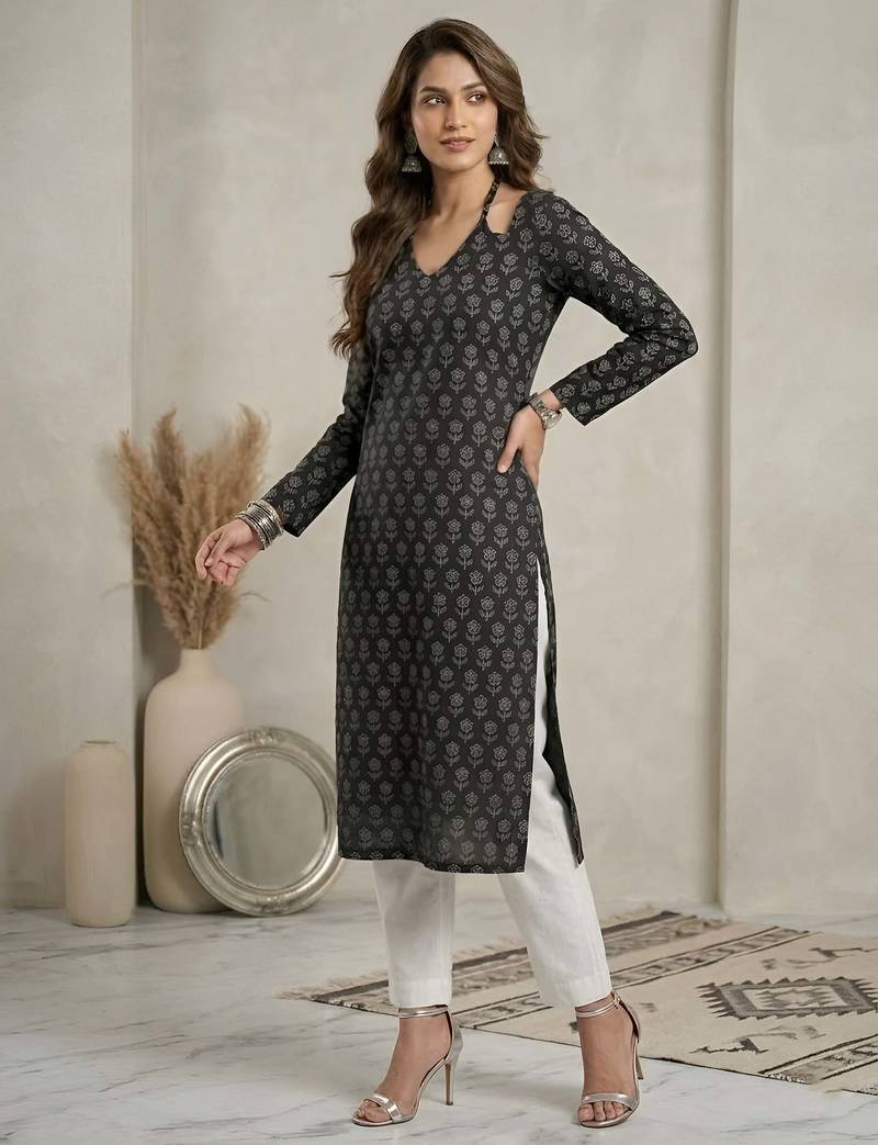 Black  pure cotton printed kurti for women