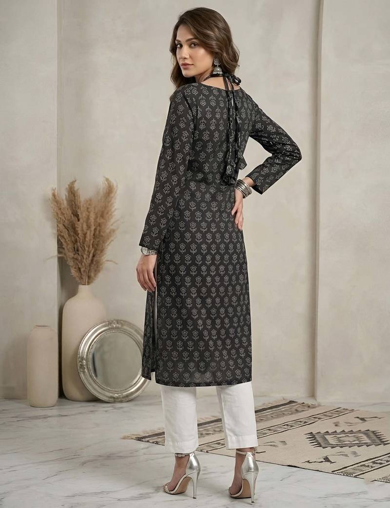 Black  pure cotton printed kurti for women