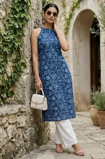 Blue  pure cotton printed kurti for women