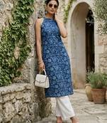 Blue  pure cotton printed kurti for women