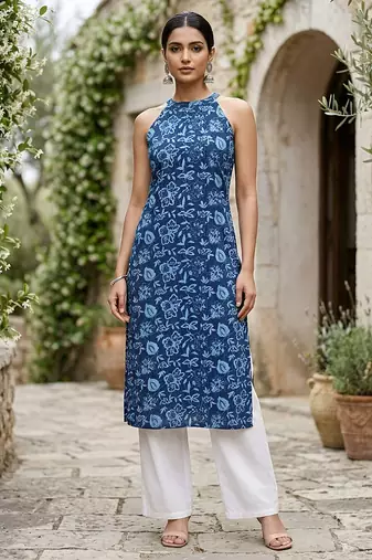 Blue  pure cotton printed kurti for women