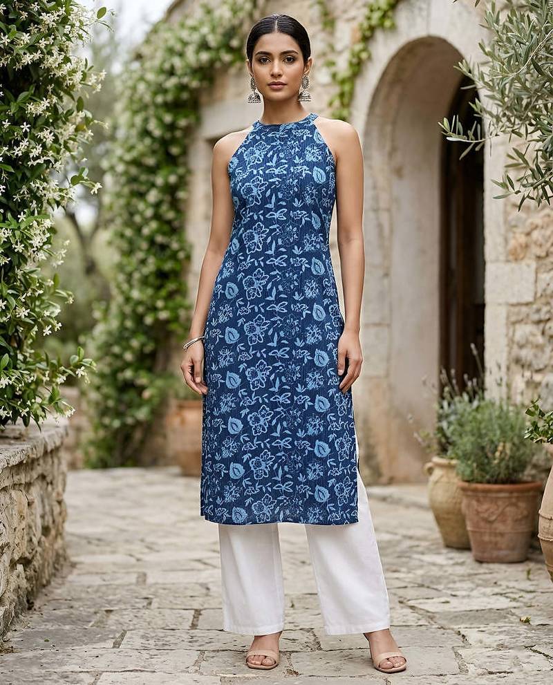 Blue  pure cotton printed kurti for women