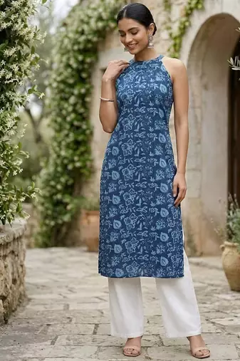 Blue  pure cotton printed kurti for women