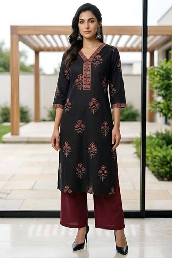 Black  pure cotton printed kurti for women