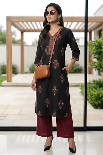 Black  pure cotton printed kurti for women