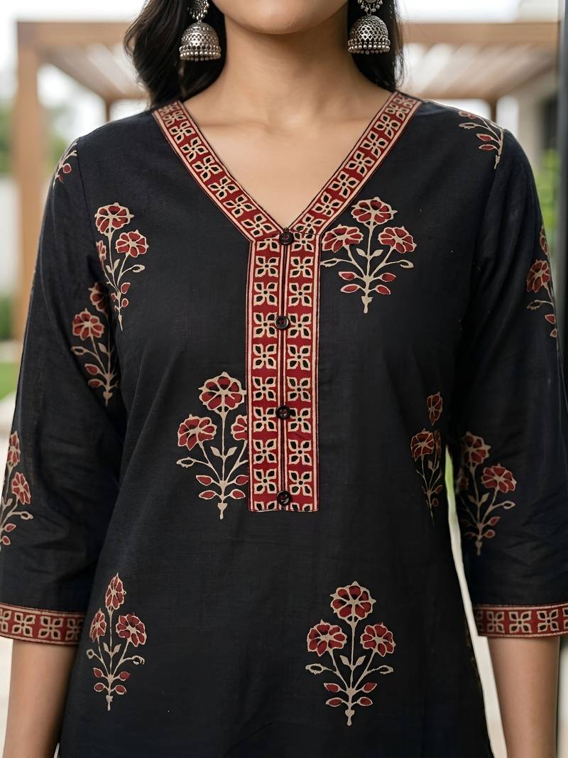 Black  pure cotton printed kurti for women