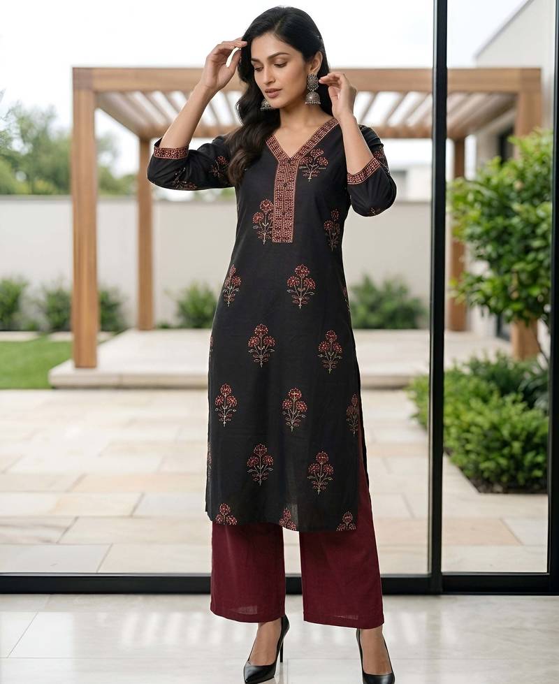 Black  pure cotton printed kurti for women