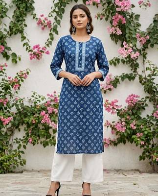 Blue  pure cotton printed kurti for women 1