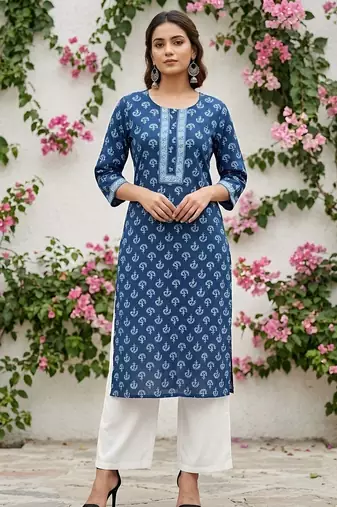 Blue  pure cotton printed kurti for women