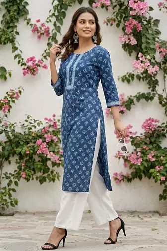 Blue  pure cotton printed kurti for women