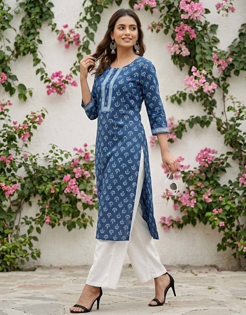 Blue  pure cotton printed kurti for women
