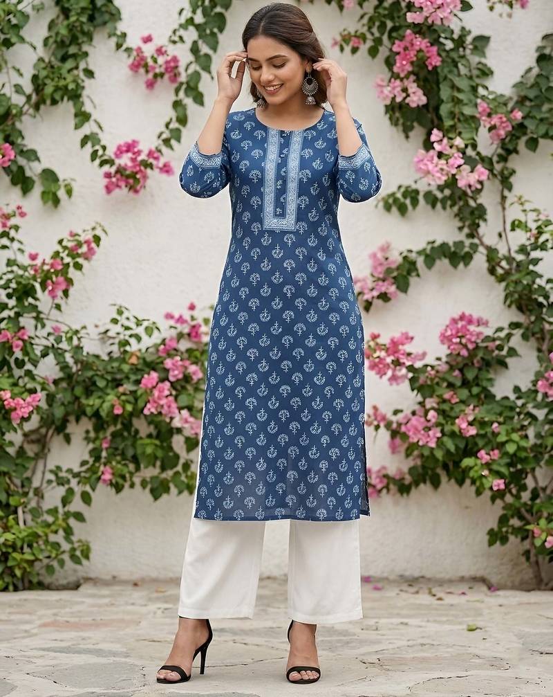 Blue  pure cotton printed kurti for women