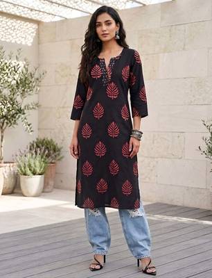 Black  pure cotton printed kurti for women 1