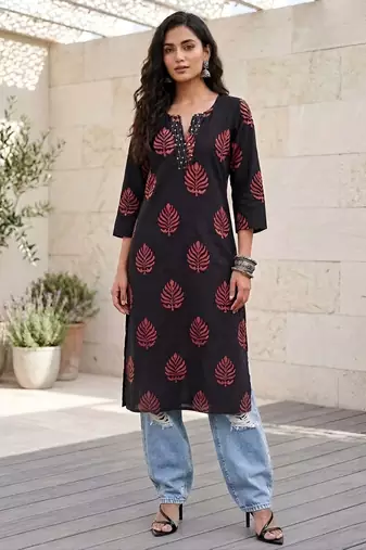 Black  pure cotton printed kurti for women