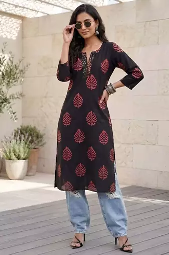 Black  pure cotton printed kurti for women