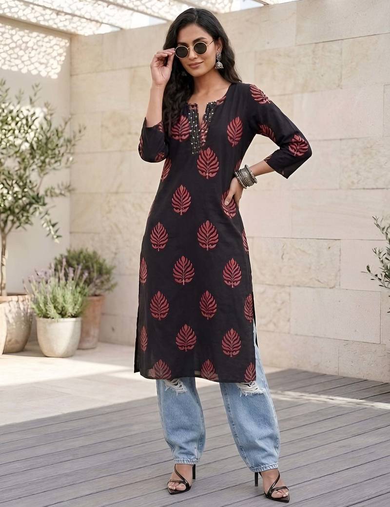 Black  pure cotton printed kurti for women