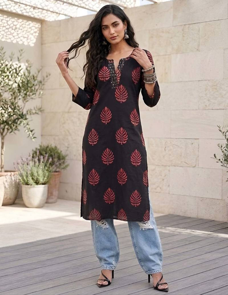 Black  pure cotton printed kurti for women