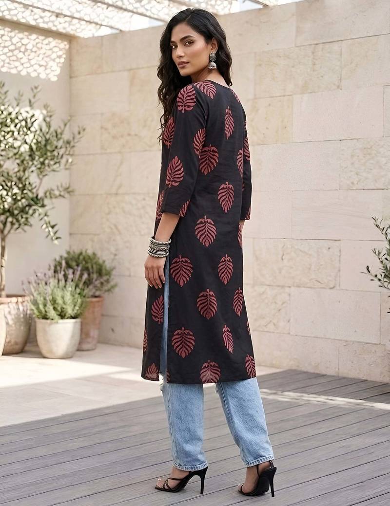 Black  pure cotton printed kurti for women