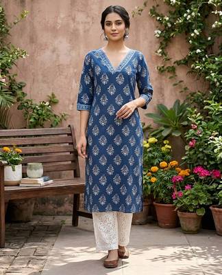 Blue  pure cotton printed kurti for women 1