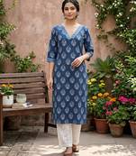 Blue  pure cotton printed kurti for women