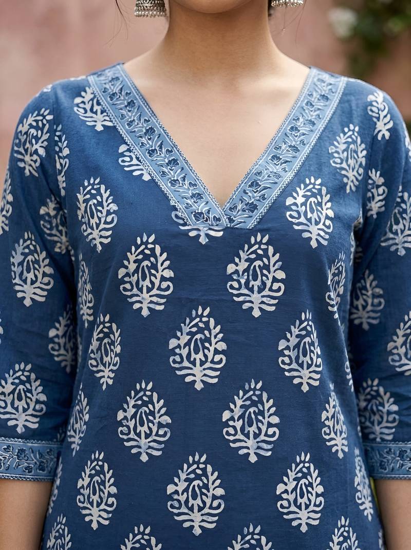 Blue  pure cotton printed kurti for women