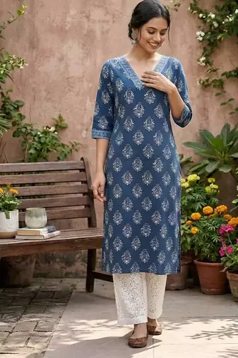 Blue  pure cotton printed kurti for women