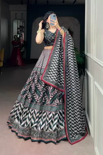 Women's Vaishali Silk Printed Lehenga Choli with Beadswork and Gotta Patti Lace